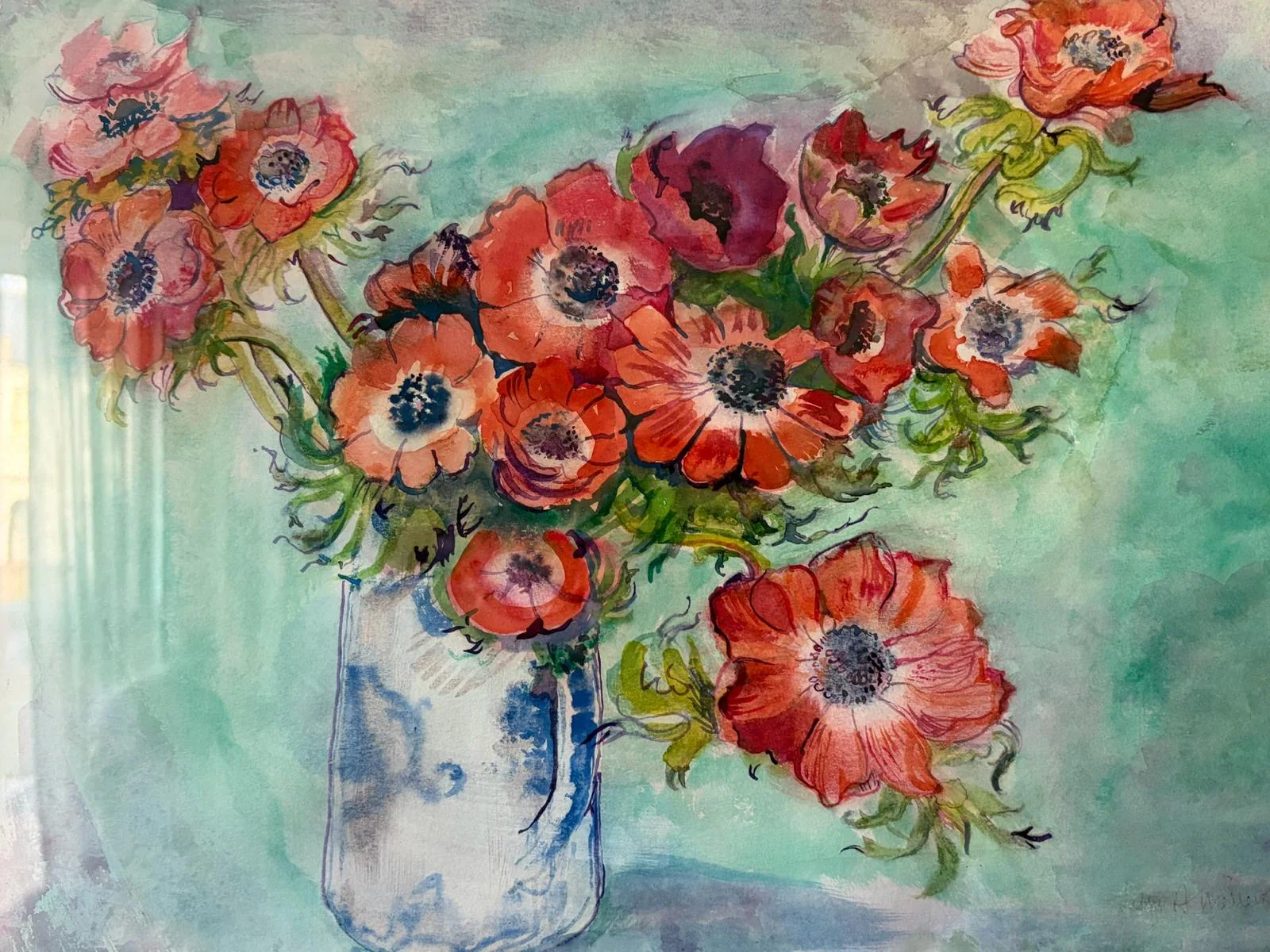 Colourful flowers in a blue-and-white vase, painted by Sally.